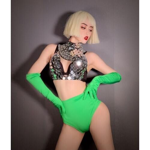 Women party girl nightclub show mirror bra Sexy stage dance costume top green gloves jazz dancer wear