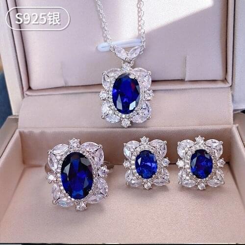 Luxury Sapphire Diamond Jewelry set Original 925 Sterling Silver Party Wedding Rings Earrings Necklace For Women Jewelry