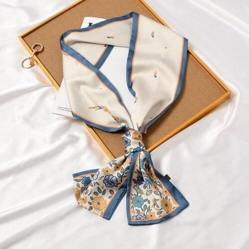 Women Floral Decorated Neck Scarf Long Wide Silk Bandana Elegant T-shirt Matched Scarf Headwear Design