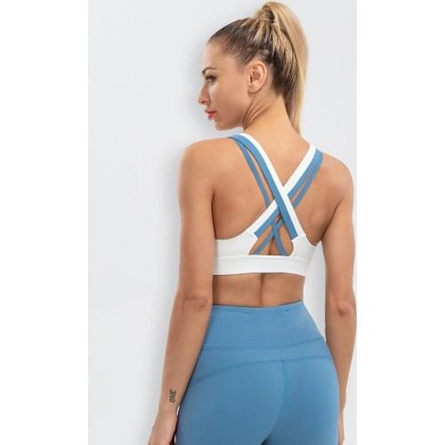 2021 New Color Contrast Patchwork Cross Shoulder Strap Women High Strength Shockproof Sports Bra Quick-Drying Yoga Bra Top