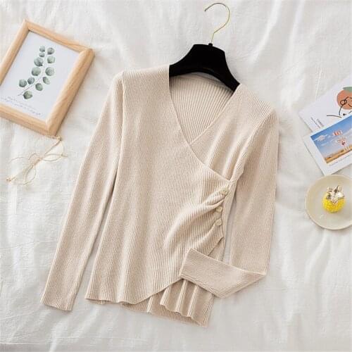 Korean Fashion Autumn Winter Women Clothing Knitted Sweater V-Neck Criss-Cross Slim Fit Knit Pullover UndershirtSueters De Mujer