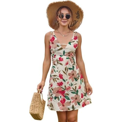 Midi Dress Elegant Dresses Woman Summer 2021 Casual Elegant Dress A-Line V-Neck Print Floral Boho Dresses