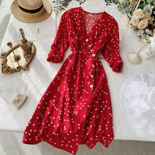 2019 autumn new womens V-neck three quarter lace-up dot chiffon dress female elegant single breasted waist A-line dresses