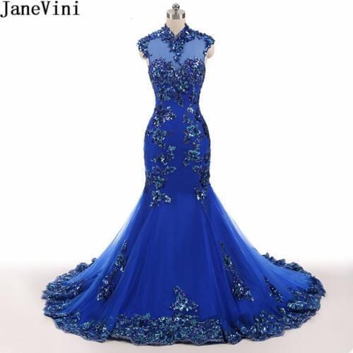 JaneVini Luxurious Royal Blue African Mermaid Long Evening Dresses High Neck Appliques Sequined Tulle Plus Size Gown Gala Jurken