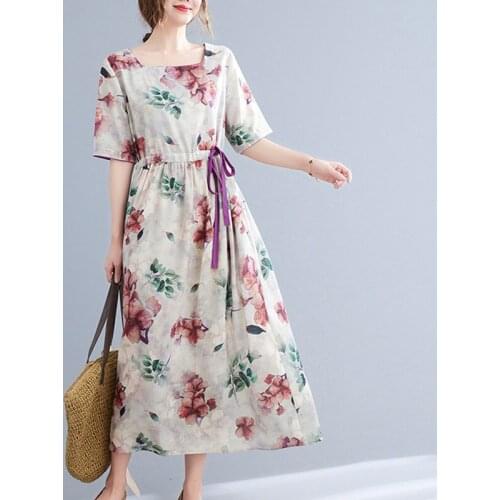2021 New Arrival Short Sleeve Loose Summer Dress Print Floral Vintage Office Lady OL Work Dress Women Travel Casual Beach Dress