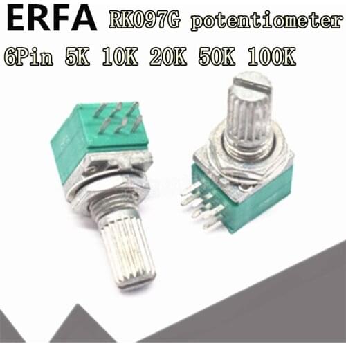100pcs RK097 RK097G 6Pin 5K 10K 20K 50K 100K B5K with a switch audio shaft 15mm amplifier sealing potentiometer