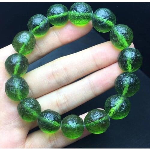 13mm Green GEM MOLDAVITE Meteorite Impact Glass Bead Bracelet