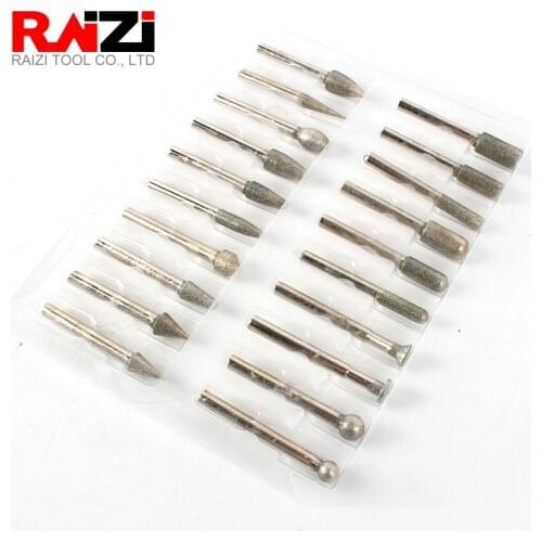 Raizi 20 Pcs Electroplated Diamond Burr Bits Grinding Point Set with 1/4" shank For Stone Concrete Rotary Tool Carving Head
