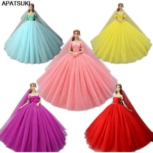 5pcs/lot High Quality Wedding Dress for Barbie Doll Clothes Party Gown Long Dress Outfits With Veil 1/6 Doll Accessories