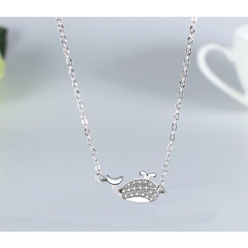 925 Sterling Silver Dainty Cute Whale Necklace Chain Collar Choker Pendant With Full Shiny Zircon Animal Jewelry S-N428