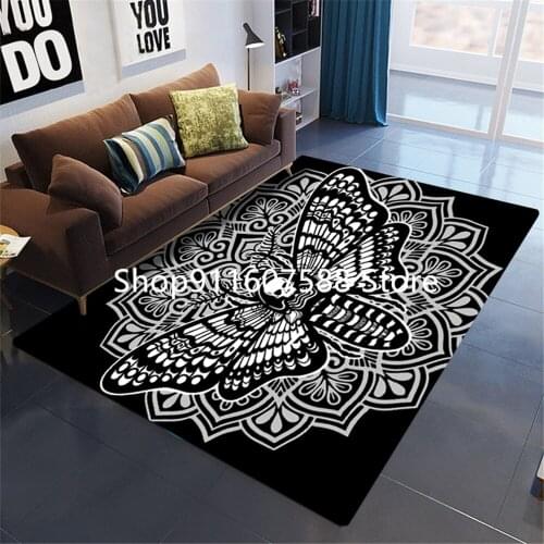 3D Skull Moth Mandala Flower Big Carpet Black Carpet Floor Living Room Soft Sponge Kids Play Bathroom Mat Absorb Anti-slip Mat