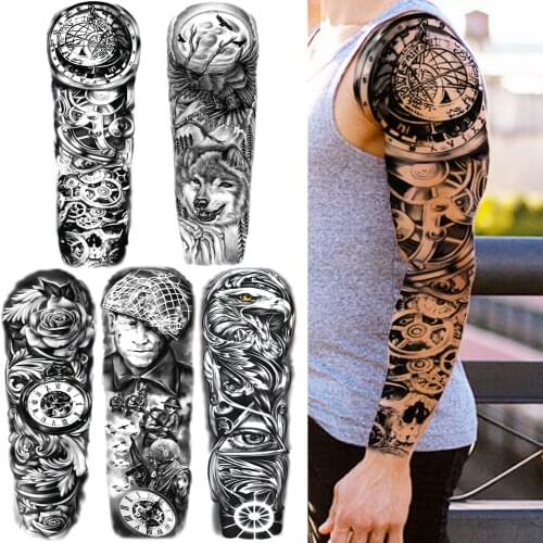 Large Compass Temporary Tattoos For Men Women Adult Fake Flower Soldier Tattoo Sticker Sleeve Long Size Wolf Black Tatoos Arm