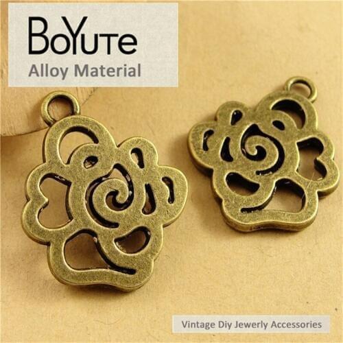 BoYuTe (40 Pieces/Lot) 22*27MM Antique Bronze Plated Metal Hollow Rose Flower Charm Pendants for Diy Jewelry Findings