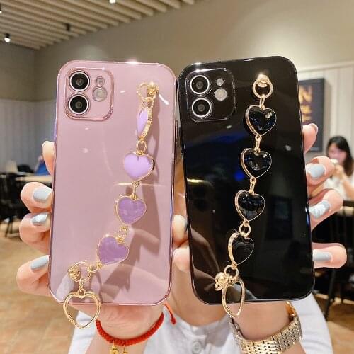 Love Heart Bracelet Chain Phone Case For iPhone 11 12 Pro Max XR XS Luxury Plating Back Cover Shockproof Soft TPU