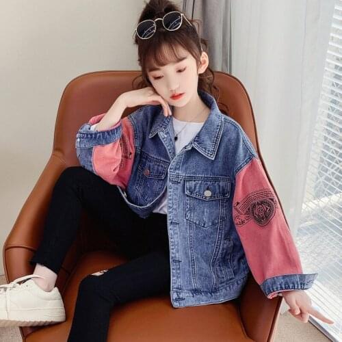 2021 Korea style girls boys patchwork denim coat autumn cotton fashion full sleeve kids jacket 6-12 years