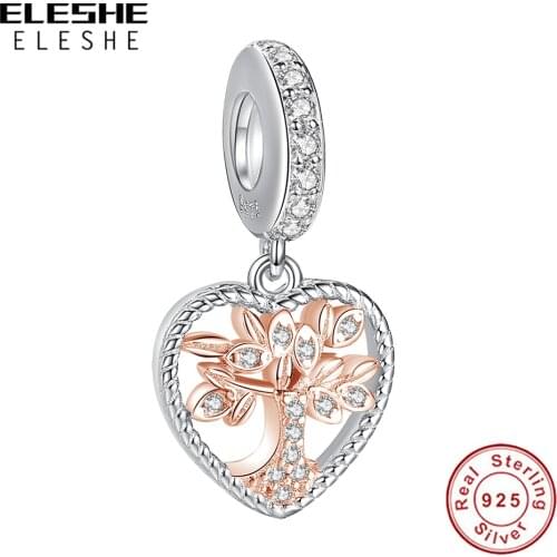 ELESHE Rose Gold Family Tree Charm 925 Sterling Silver Tree of Love Dangle Charm Beads Fit Original Bracelet Silver 925 Jewelry