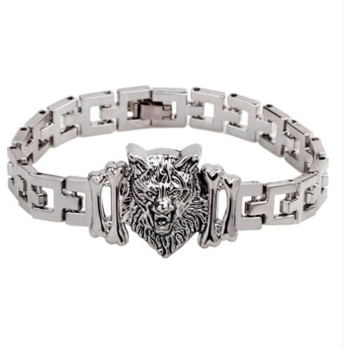 FYJS Unique Stainless Steel Wolf Easy Hook Bracelet Ethnic Style for Cool Men Gift Animal Jewelry