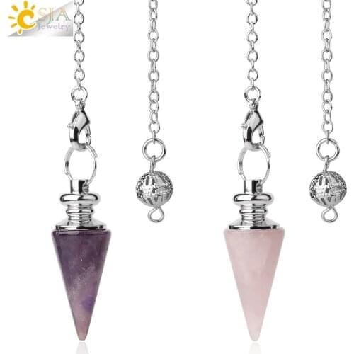 CSJA Conical Pendulum Natural Stone Taper Pendulums Silver Color Chain Crystal Pendants for Dowsing Spiritual Reiki Pendulo G491