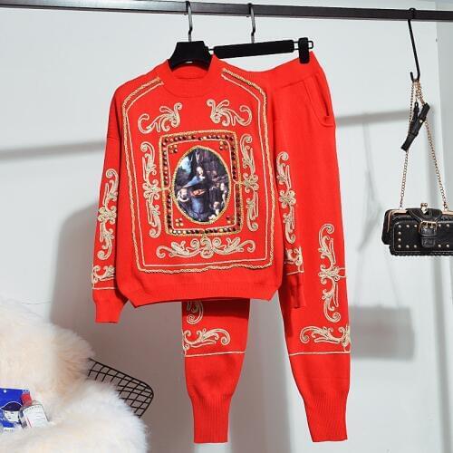 Autumn Winter Casual Chic Red Tracksuit Two Piece Knitted Set Embroidery Sweater + Knit Long Harem Pants Suit Women Loose 2pcs