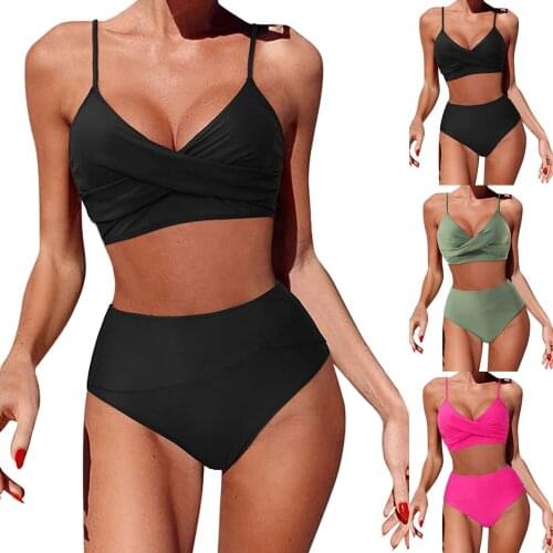 Solid Color Swimwear Women Sexy Leopard Print High Waist Bikini Set Push Up Padded Bathing Suit Swimwear High Waist Swimsuit