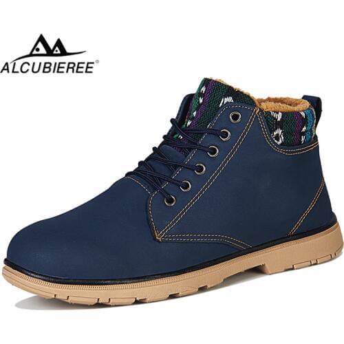 ALCUBIEREE Winter Snow Boots for Man Outdoor Short Plush Ankle Boots With Fur Mens Lace-up Warm Shoes Lightweight Work Footwear