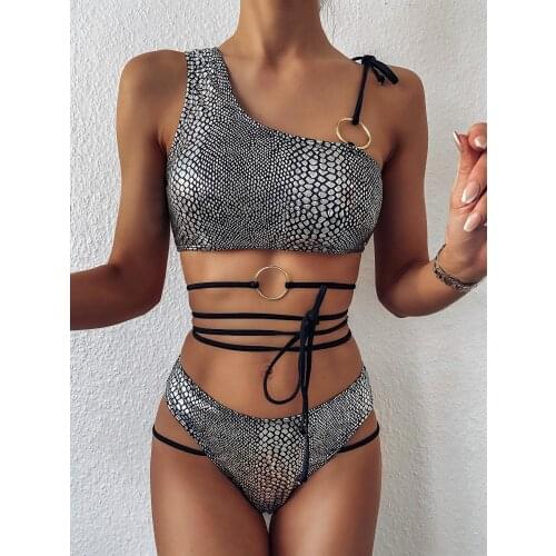 2021 New Solid Color Bikini Pink Bikini Womens Strappy Swimsuit Lady Split Silver Swimsuit New Snake Print Beach Swimwear SW663