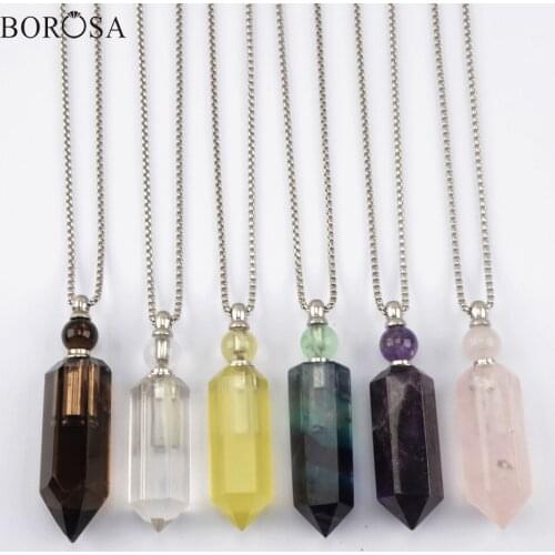 BOROSA 3Pcs Natural Crystal Perfume Bottle Necklace Fashion Faceted Fluorite Amethysts Essential Oil Diffuser Necklace WX1508