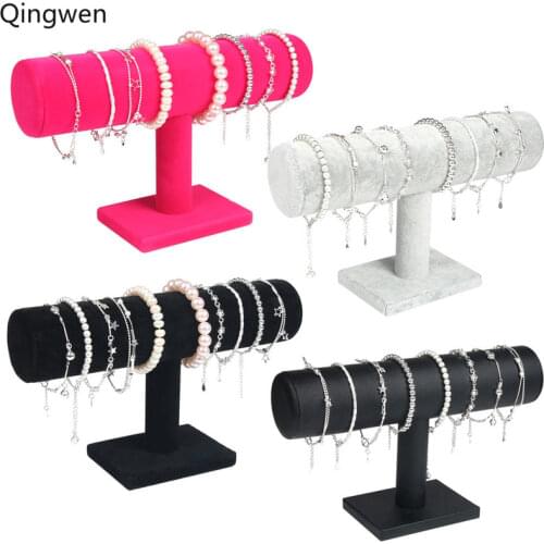 Qingwen Portable Velvet/PU Leather Bracelet Bangle Necklace Display Stand Holder Watch Jewelry Organizer T-Bar Rack