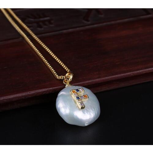 Rainbow Colors CZ Cubic Zirconia F Initials Letter Natural Coin Freshwater Pearl Pendant Gold Necklaces For Women Jewelry Girls