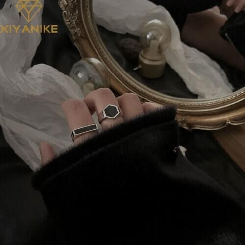 XIYANIKE 925 Sterling Silver Hexagonal Square Open Ring Dark Retro Advanced Creative Handmade Fashion Jewelry Couple Gifts