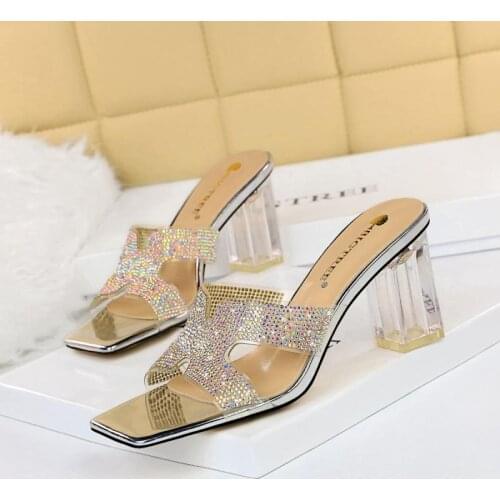 Summer Women Fashion High Heels Shoes Rhinestone Square Toe Slip On Sandals Transparent Heel Shoes Female Outdoor Beach Footwear