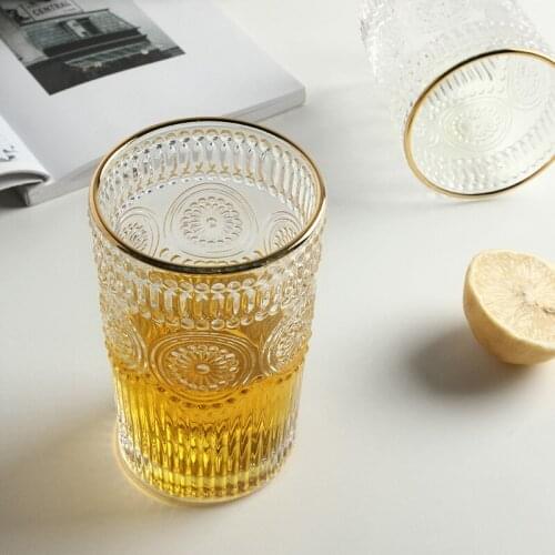 Retro Glass Water Coffee Milk Cup Embossed Phnom Penh Sun Flower Breakfast Cup Decoration Wine Glass Bottle