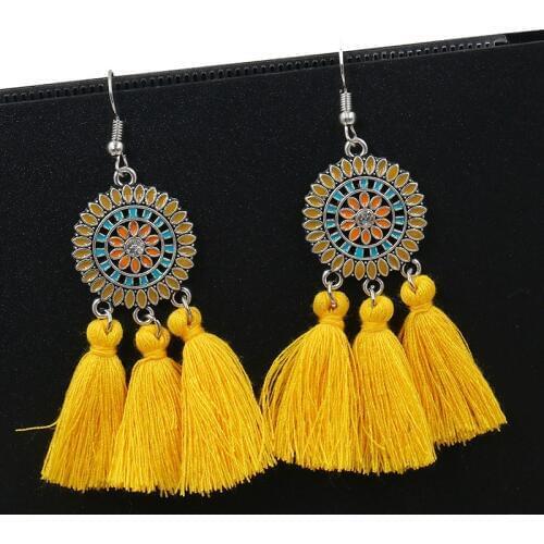 SHUANGR Boho Wedding Yellow Red Tassel Jewelry femme Earrings for Women Vintage Ethnic Crystal Silk Fringe Drop Earrings