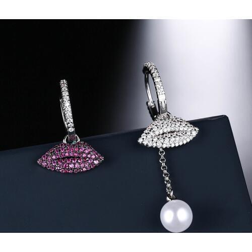 UNGODLY Luxury Asymmetry White Red Lips AB Earrings with Pearl Zircon Stones Yao Chen Collection Women Brand Jewelry