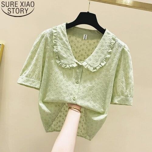 Sweet Tops Women Summer Blouse Ruffles Short Sleeve Shirt New 2021 Peter Pan Collar Casual Hollow Blouse Puff Sleeve Shirt 14954