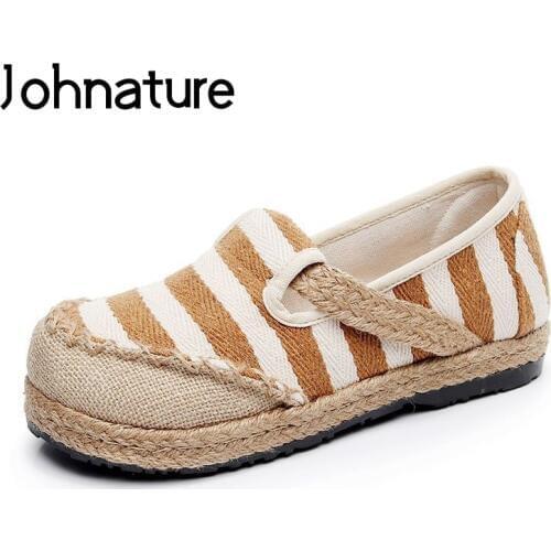Johnature 2020 New Spring/autumn Handmade Round Toe Sewing Striped Shallow Linen Cotton Shoes Fisherman Loafers Woman Flat