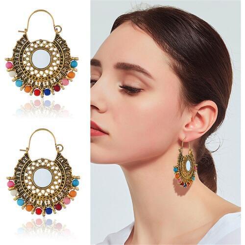 CRLEY Boho Vintage Earrings for Women Antique Silver Gold Colorful Beads Dangle Drop Earrings Long Big Earring Statement Jewelry