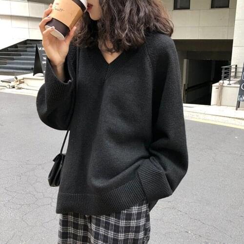 Net Red Solid Color Sweater Womens Spring and Autumn Loose Wear V-neck with Womens Undergarment Simple Pullover