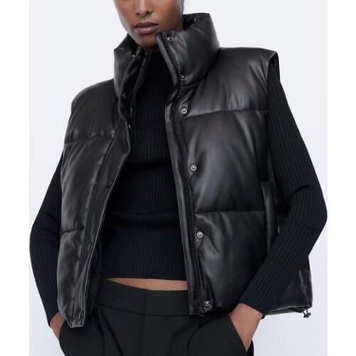 Sleeveless Vest Women Waistcoat Winter Zipper Leather Jacket Vest Cotton Coat Female Stand Collar Waistcoat Short Chaleco Mujer