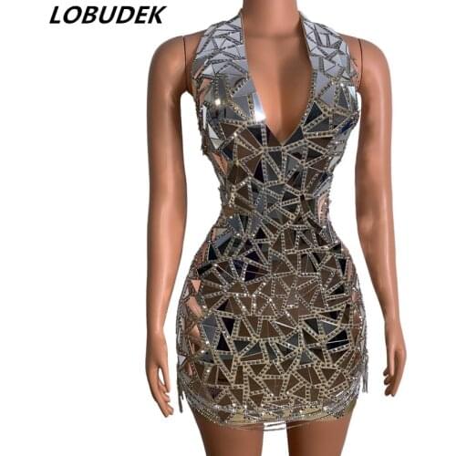 Women Sparkly Rhinestones Mirrors Sexy V-neck Package Hips Mini Dress Birthday Party Evening Prom Singer Host Catwalk Costume