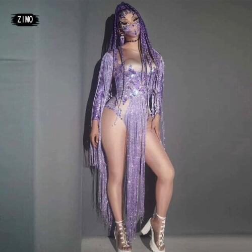 Sexy Purple Rhinestone Spandex Stretch tassels Bodysuit Womens Singer Dancer Party Show Leotard Stage Wear Latin Dance Costume