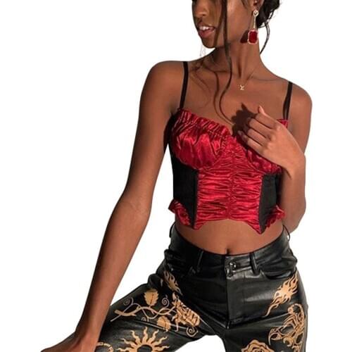 Women Cute Sleeveless Spaghetti Strap Ruffle Trim Color Block Ruched Camisole Sexy Crop Cami Top Fashion Sexy