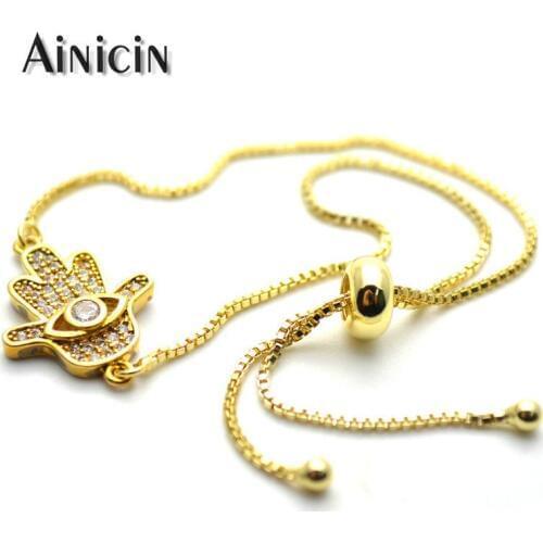 2mm Diameter Adjustable Box Chain Hamsa Hand Charms Bracelets Gold Plating Rhinestone Crystal Setting Women Jewelry