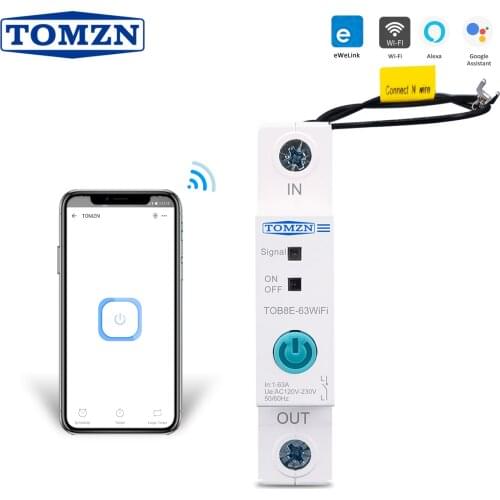Din Rail WIFI Circuit Breaker Smart Switch Remote Control by Ewelink APP for Smart Home 18mm 63A TOMZN TOB8E-63WIFI