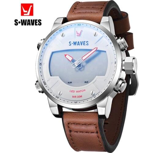 SWAVES Luxury LED Watch Men Clock Quartz Dual Display Fashion Mens Wrist Watches Waterproof Alarm Clock Leather Reloj Hombre