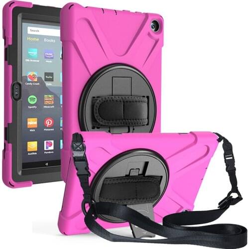 360 Degree Rotatable Stand Case for Kindle Fire HD 8 2020/Fire HD 8 Plus Shockproof Kids Cover with Shoulder Strap+Pen
