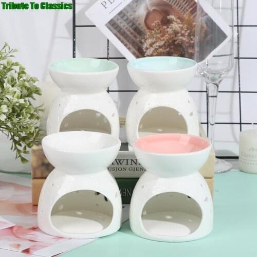 1Pcs Ceramic Essential Oil Lamps Hollow Pattern Simple Essential Oil Fragrance Tea Light Candle Holder Home Living Room Decors