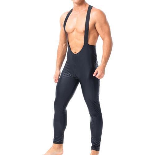 Gay Bodysuits Overalls PU Leather Zipper Crotchless Gay Jumpsuits Wrestling Singlet Mankini Latex Fetish Leotard Body Suit XXL