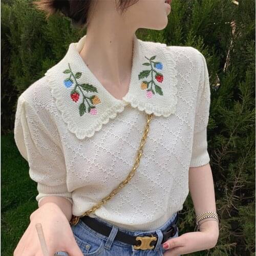 ICELOLLY embroidery paragraphs short thin sweater new spring and summer female hedge short sleeve blouse