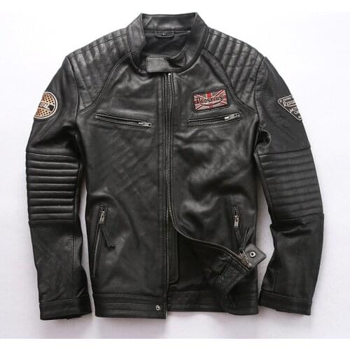 Mens Genuine Leather Autumn Winter Jacket Large Size Thick Soft Cowhide Embroidered Locomotive Warm Vintage Casual Coat